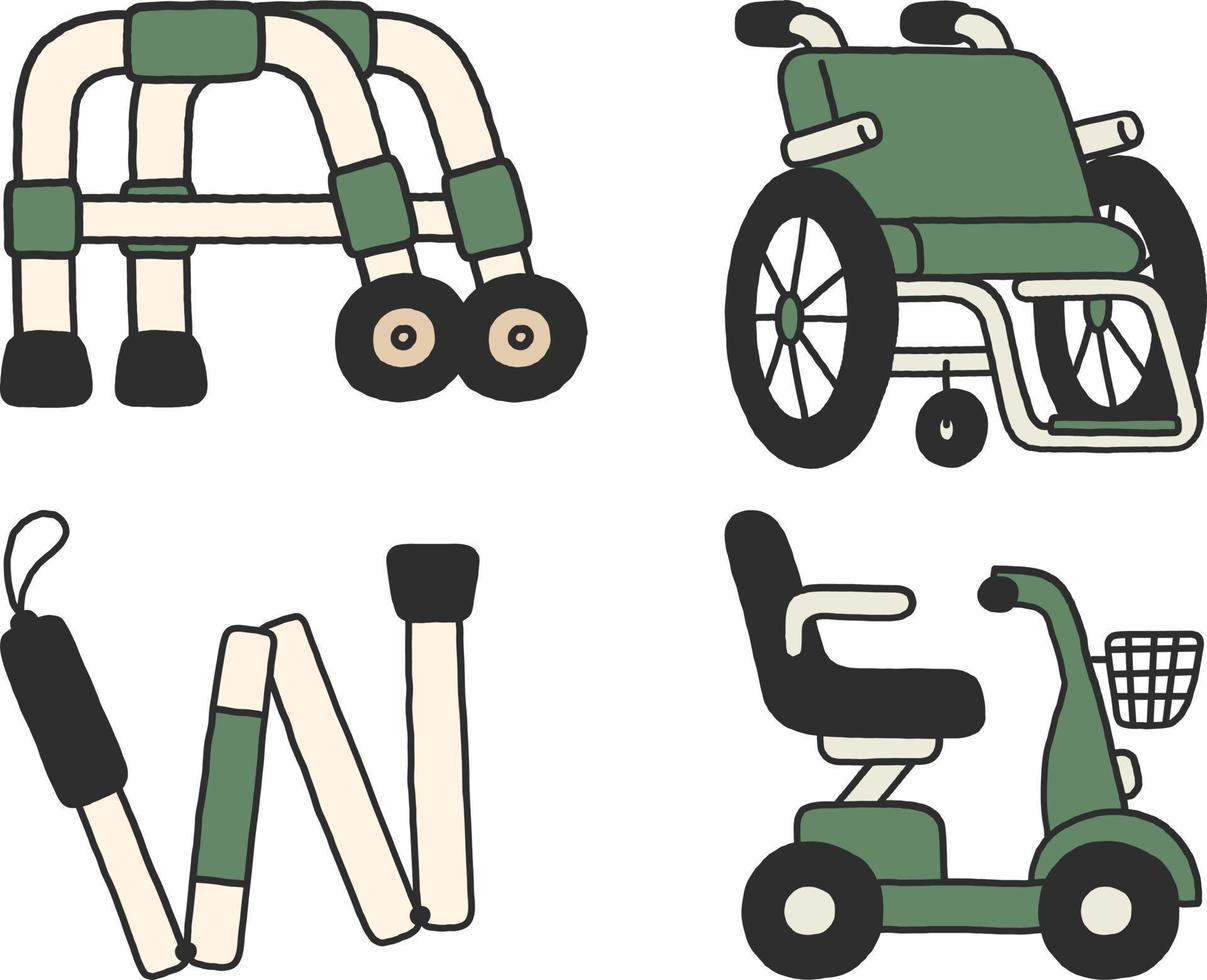 main tiré ensemble de fauteuil roulant Icônes. vecteur illustration dans griffonnage style.