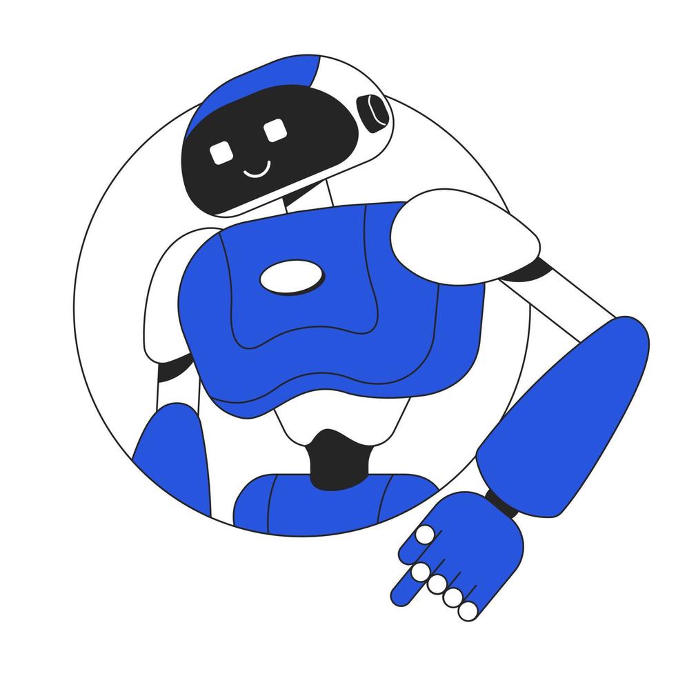 dansant humanoïde robot avec sourire linéaire plat Couleur vecteur personnage avatar. modifiable icône. moitié corps machine sur blanche. mince ligne dessin animé style place illustration pour la toile graphique conception et animation