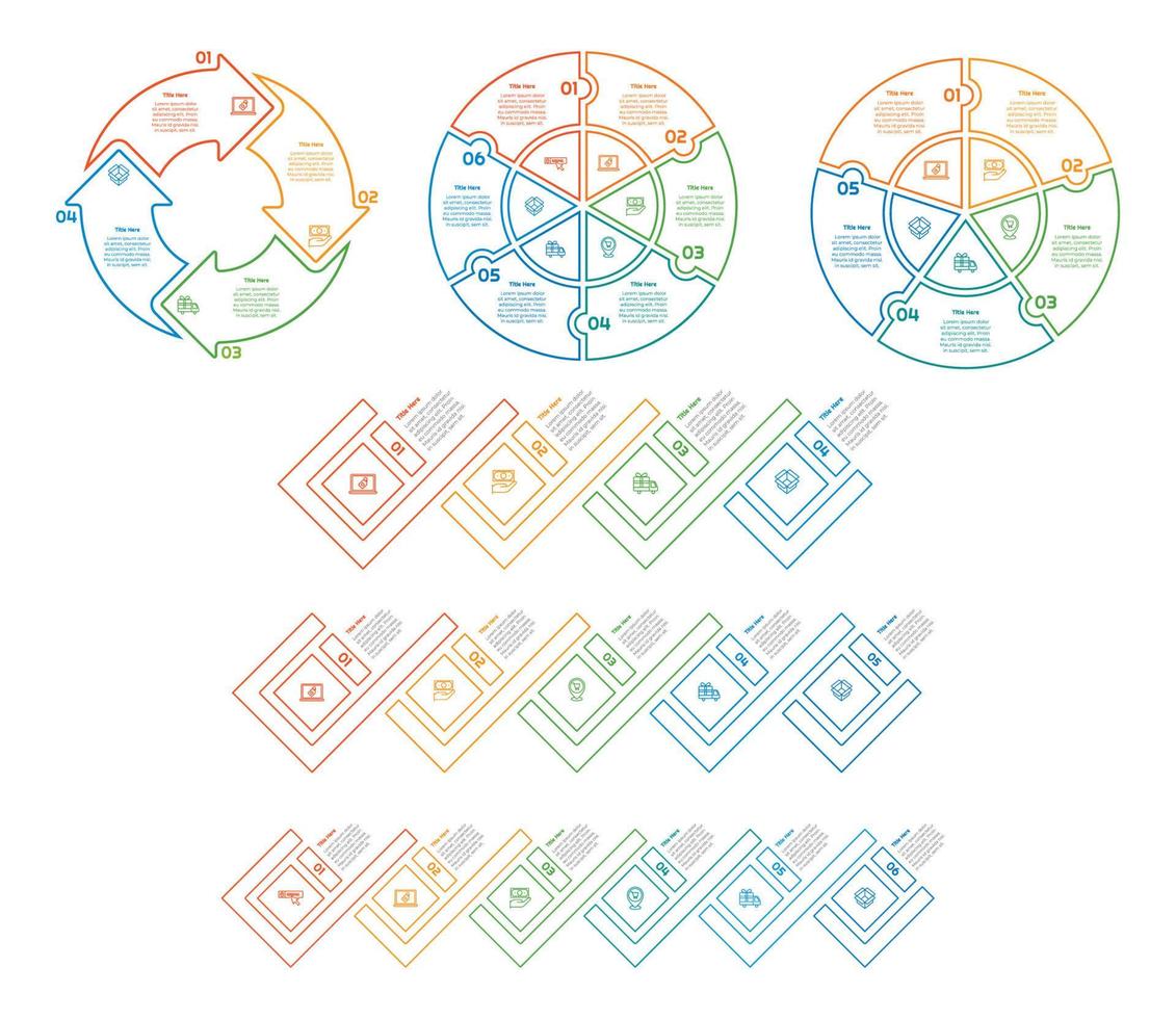 infographie paquet ensemble avec 4, 5, 6 pas, les options ou processus pour flux de travail mise en page, diagramme, annuel rapport, présentation et la toile conception. vecteur
