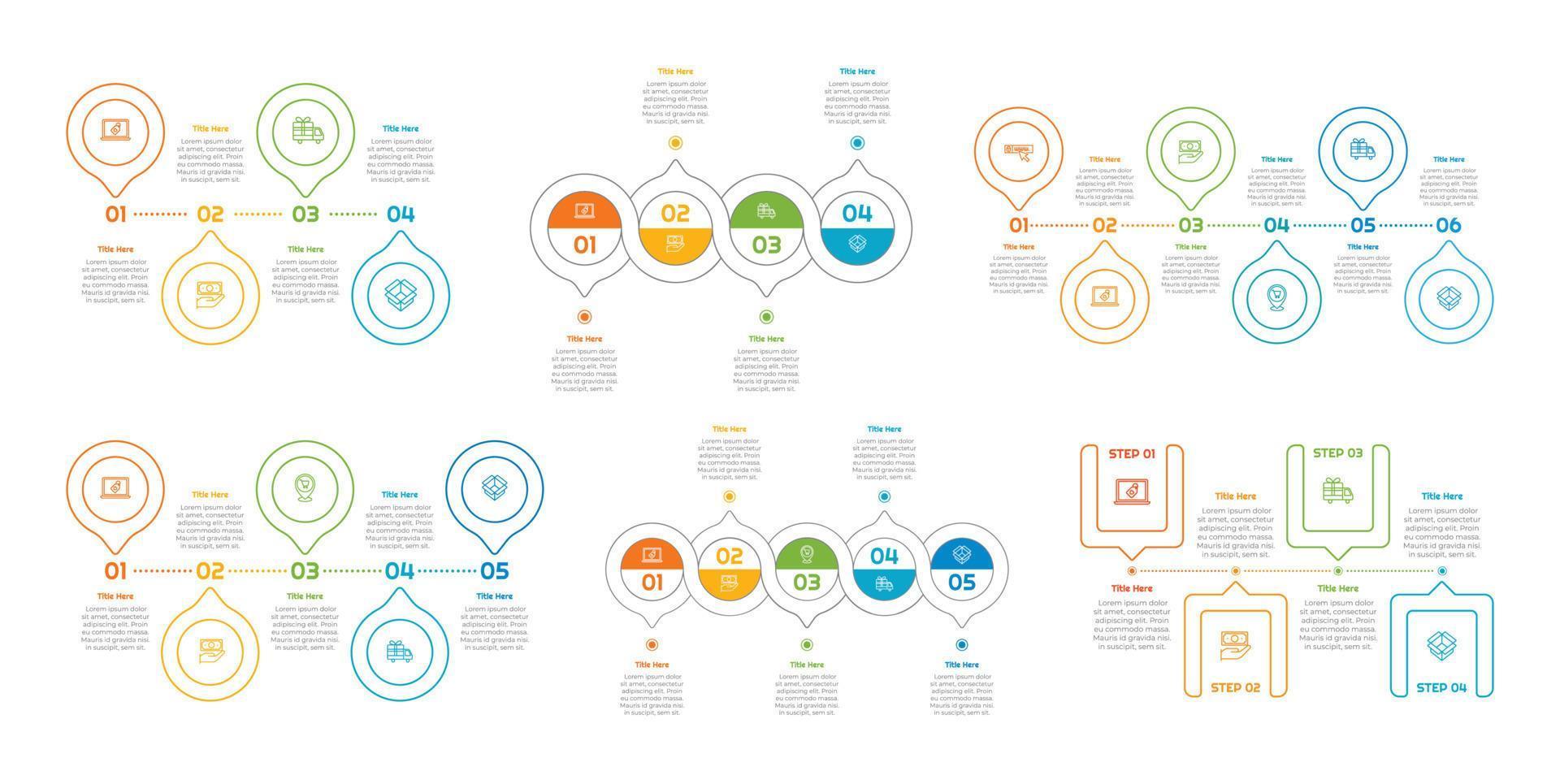 infographie paquet ensemble avec 4, 5, 6 pas, les options ou processus pour flux de travail mise en page, diagramme, annuel rapport, présentation et la toile conception. vecteur