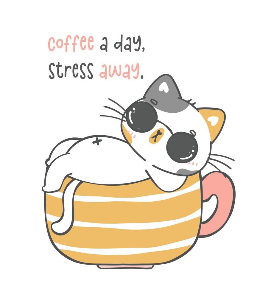 mignonne marrant espiègle chaton chat dans café tasse, café une jour, arbres loin, dessin animé animal griffonnage main dessin vecteur