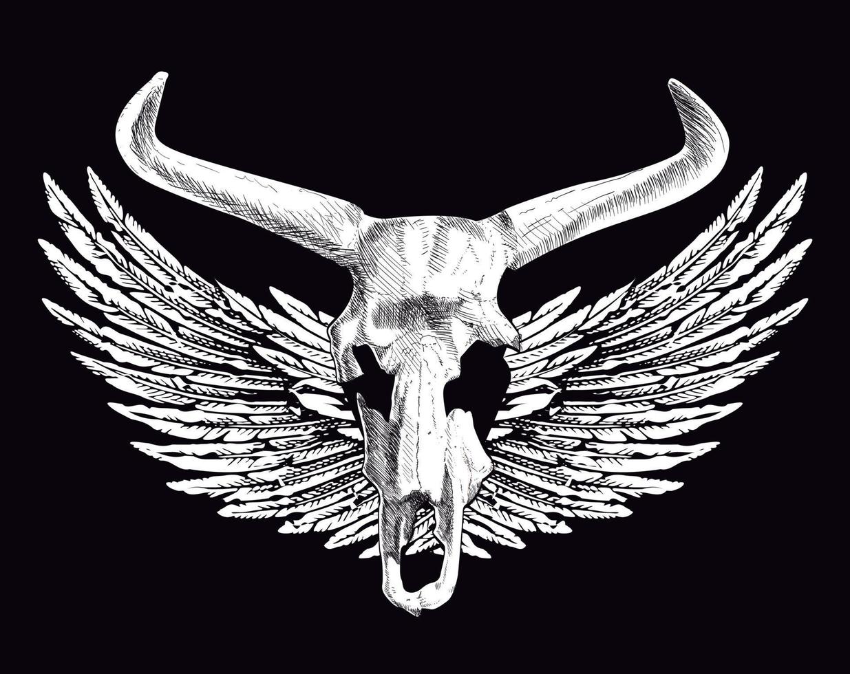 T-shirt conception de un animal crâne avec cornes et tendu ailes sur une noir Contexte. vecteur