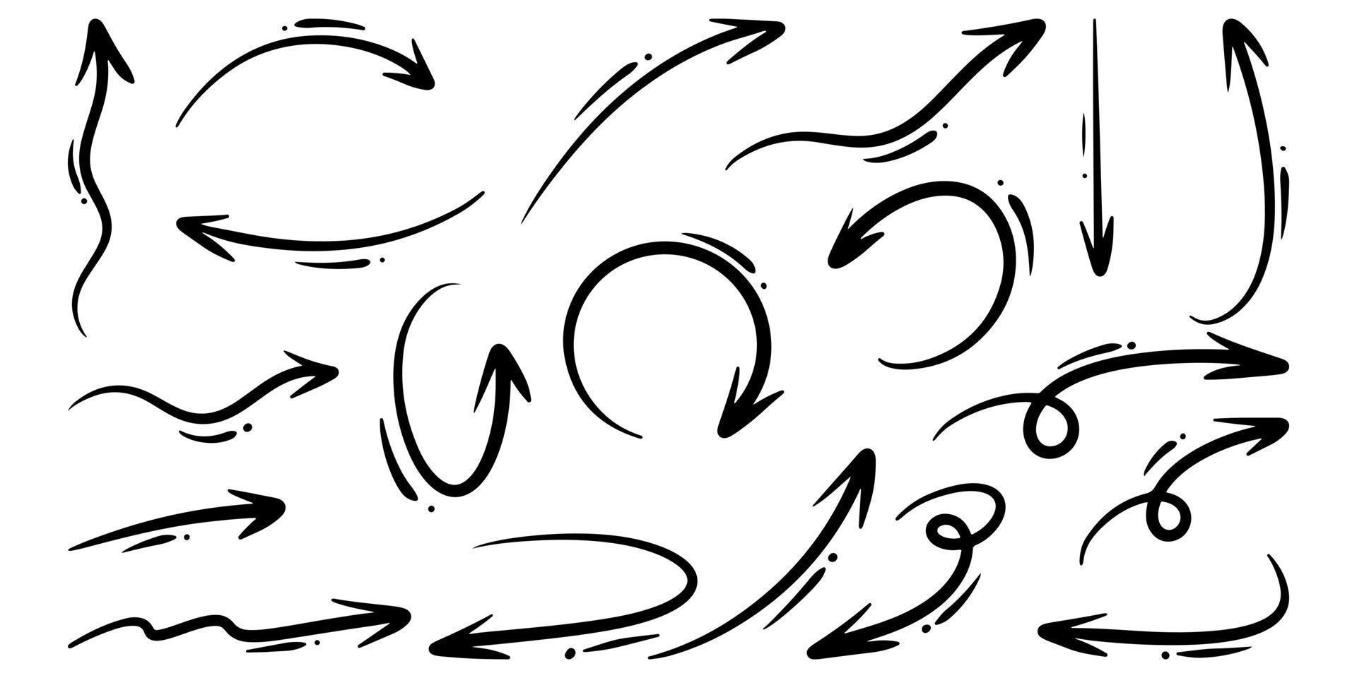 ensemble de flèches vectorielles dessinées à la main doodle sur fond blanc. illustration vectorielle d'élément de conception. vecteur