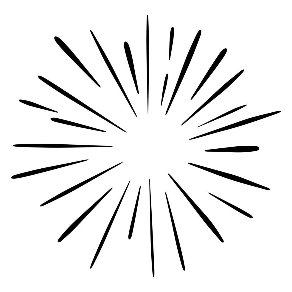 style de croquis de doodle de starburst, sunburst, élément feux d'artifice rayons noirs. effet d'explosion comique. rayonnant, lignes radiales. illustration dessinée à la main de dessin animé pour la conception de concept. vecteur