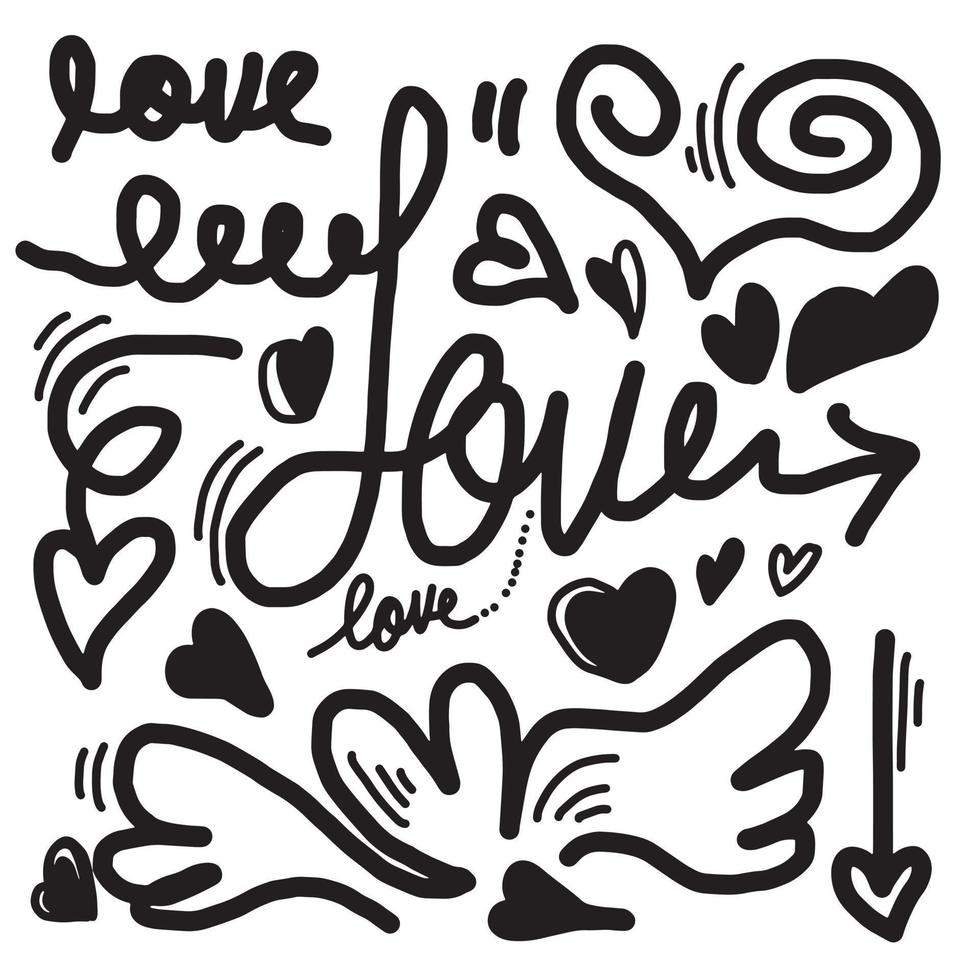 griffonnages dessinés à la main pour la saint-valentin. collection de beaux coeurs et écrits d'amour sur fond blanc. illustration vectorielle. vecteur