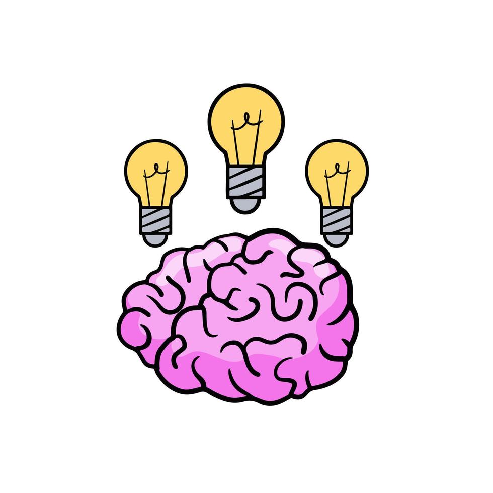 cerveau avec lumière ampoule. concept de en pensant et Nouveau idée. inspiration et éducation, problème résoudre. main tiré dessin animé illustration vecteur