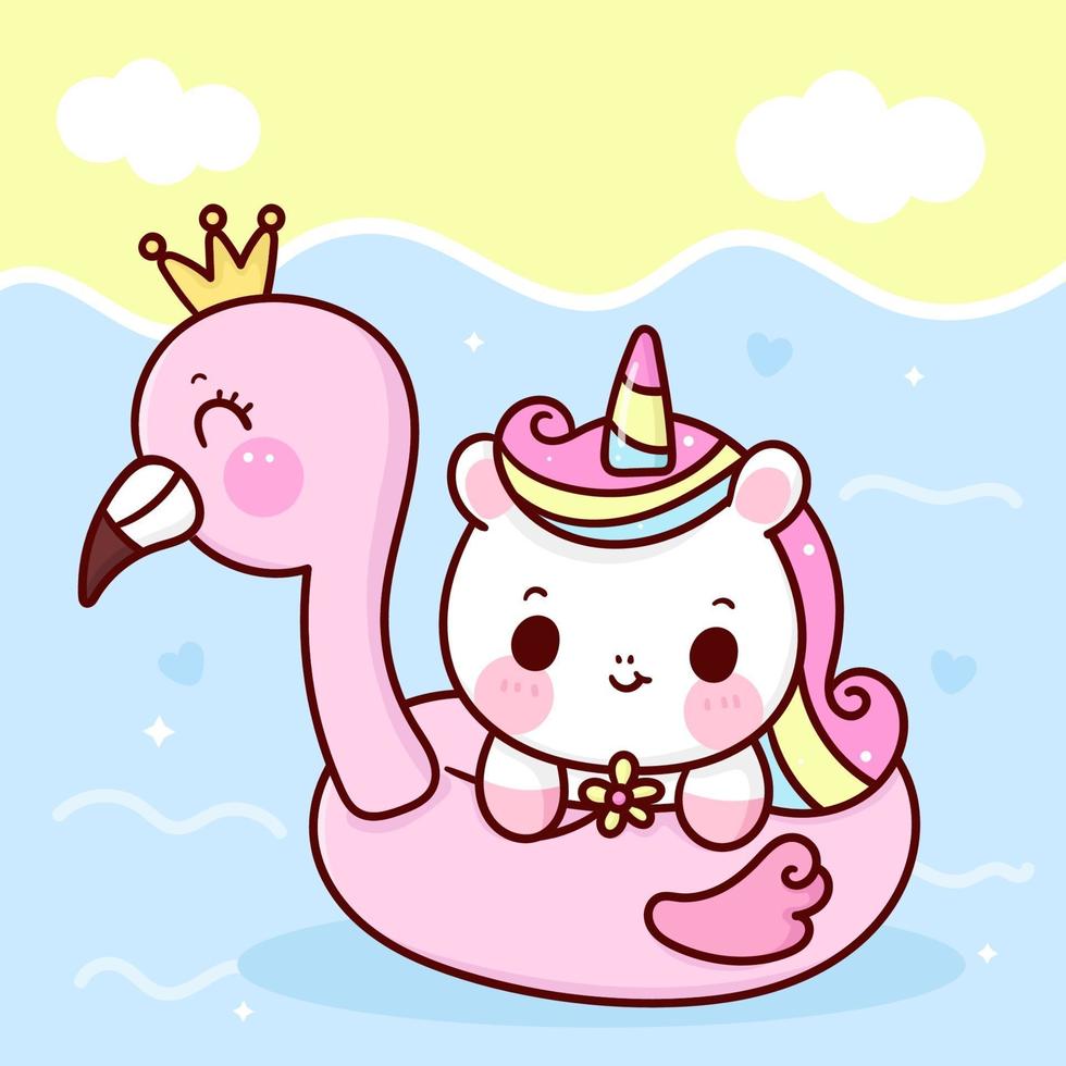 mignon, licorne, vecteur, tenue, fleur, à, flamant rose, caoutchouc, dans, mer, poney, été, dessin animé, kawaii, animaux, fond vecteur