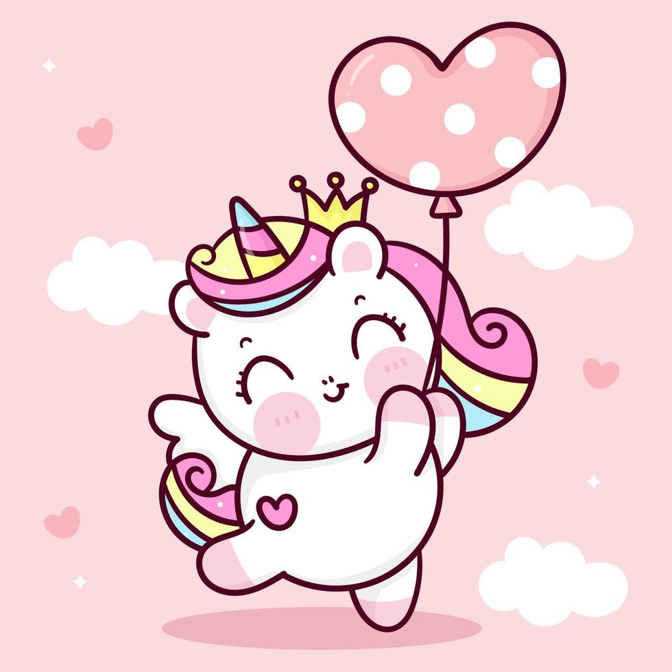 Vecteur de licorne mignon princesse pégase tenant coeur ballon ciel pastel avec doux nuage poney dessin animé kawaii animaux fond cadeau Saint Valentin