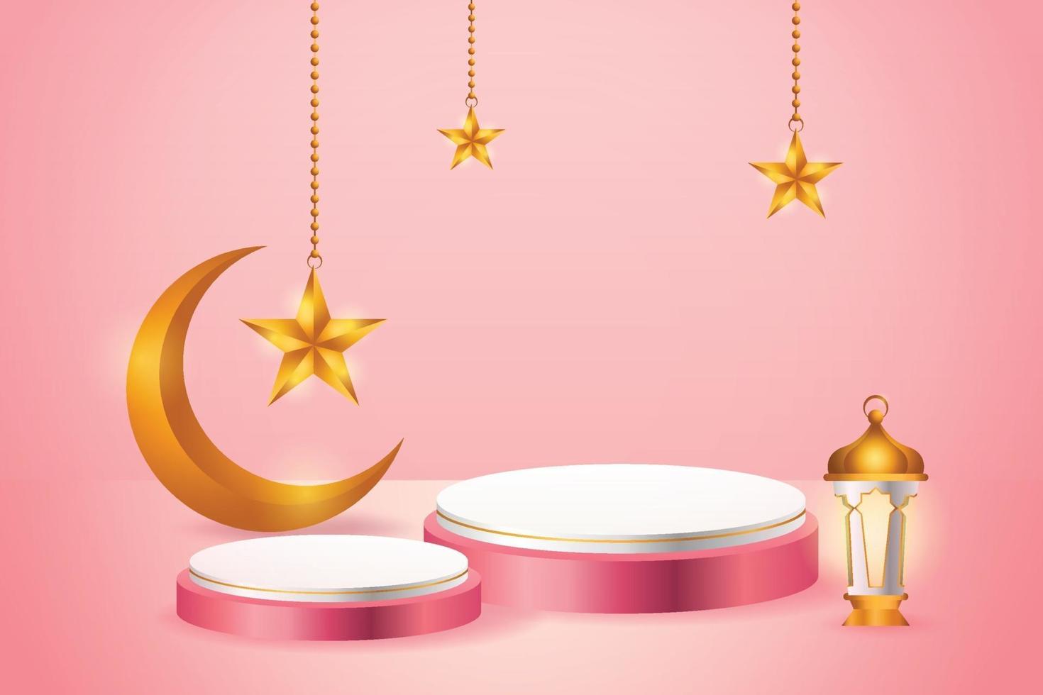 Présentoir de produits 3D sur le thème du podium rose et blanc islamique avec croissant de lune, lanterne et étoile pour le ramadan vecteur