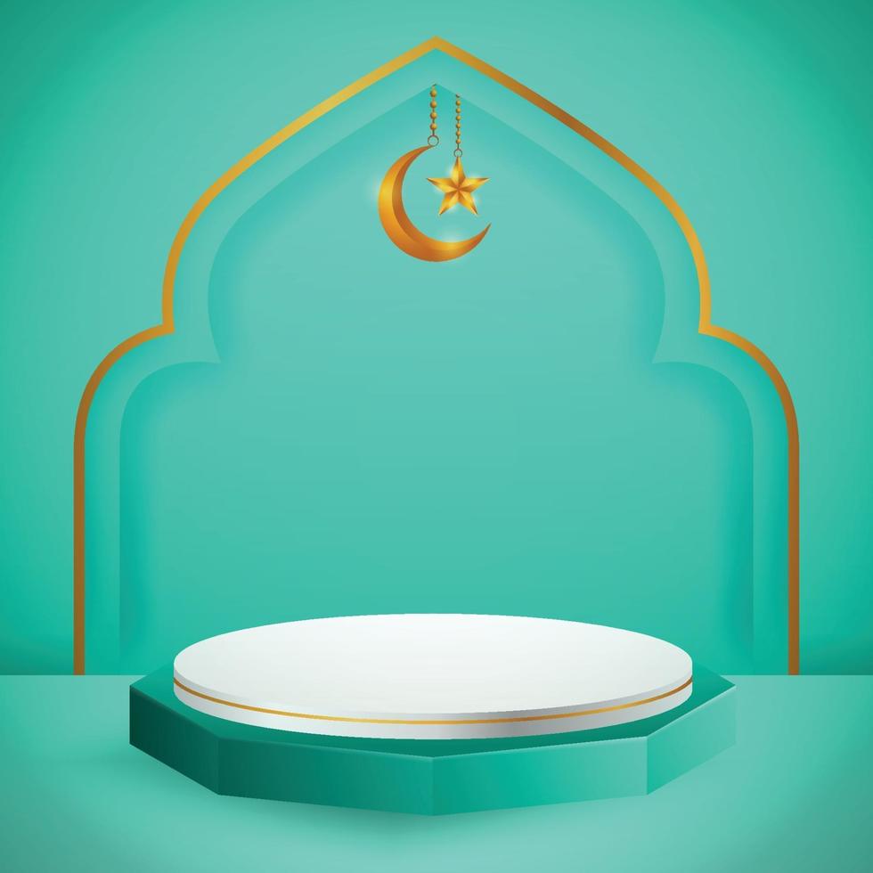 Affichage du produit 3D sur le thème du podium bleu et blanc islamique avec croissant de lune et étoile pour le ramadan vecteur