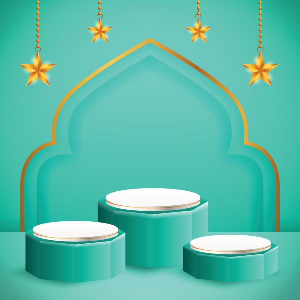 Affichage du produit 3D sur le thème du podium bleu et blanc islamique avec étoile pour le ramadan vecteur