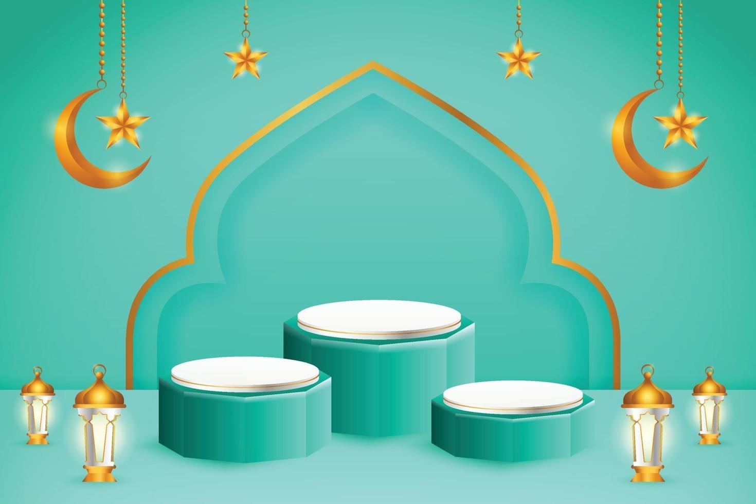 Présentoir de produits 3D sur le thème du podium bleu et blanc islamique avec croissant de lune, lanterne et étoile pour le ramadan vecteur