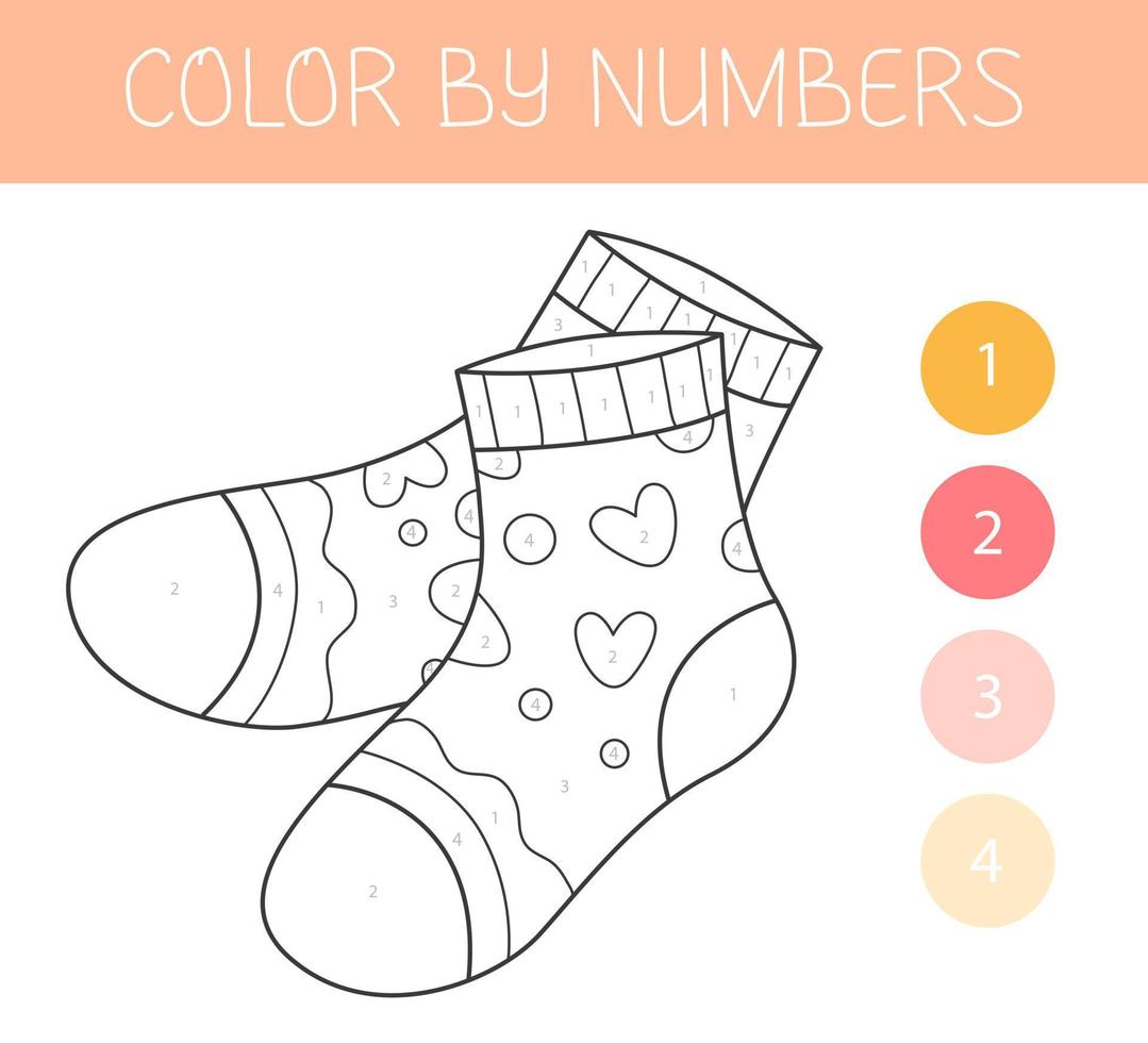 Couleur par Nombres coloration livre pour des gamins avec chaussettes. coloration page avec mignonne dessin animé chaussettes. monochrome noir et blanche. vecteur illustration.