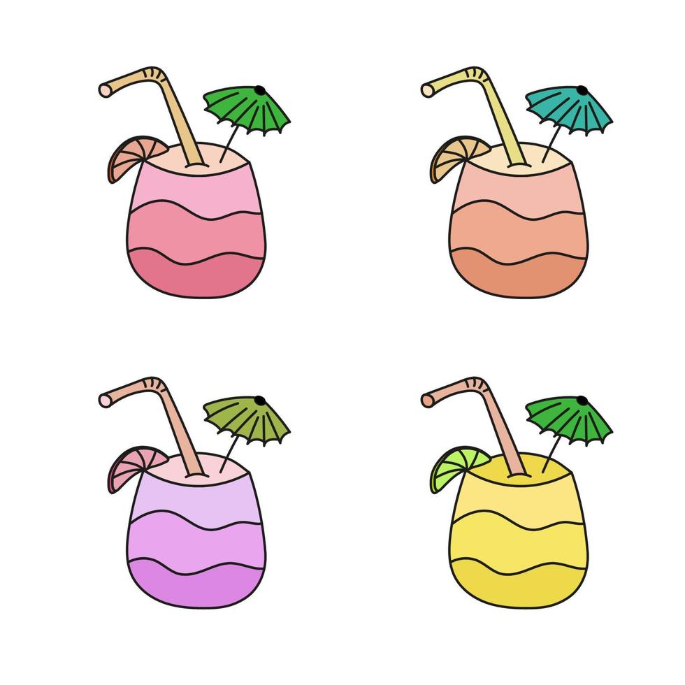 tropical rafraîchissant les boissons avec décoratif parapluie. multicolore options. griffonnage vecteur illustration.