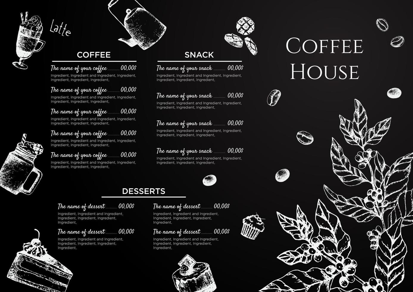 Stock vecteur modèle café maison ou restaurant menu. une boisson prospectus pour bar et café. modèle avec dessiné à la main ancien illustration café et desserts par craie sur le noir planche.