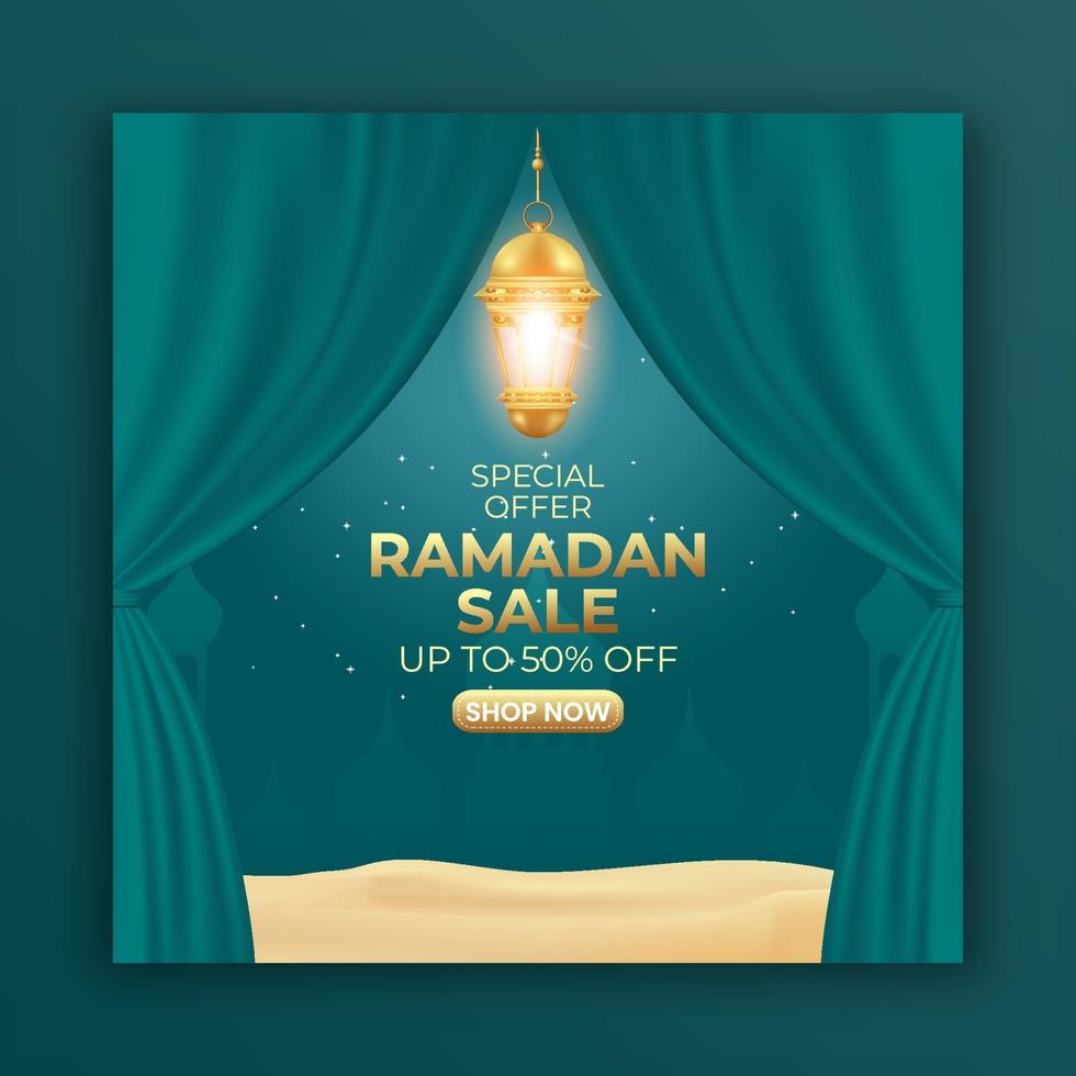 bannière d'annonces de vente ramadan avec rideau et lanterne. modèle de publication de médias sociaux modifiable pour la promotion. vecteur