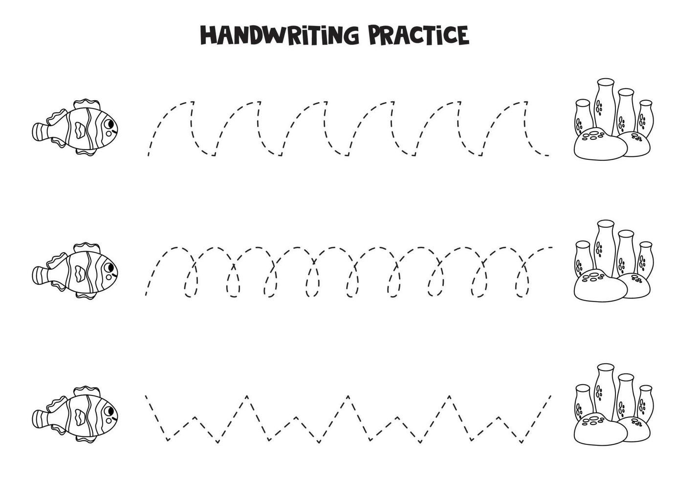 tracé lignes pour enfants. mignonne poisson clown et coraux. l'écriture entraine toi. vecteur