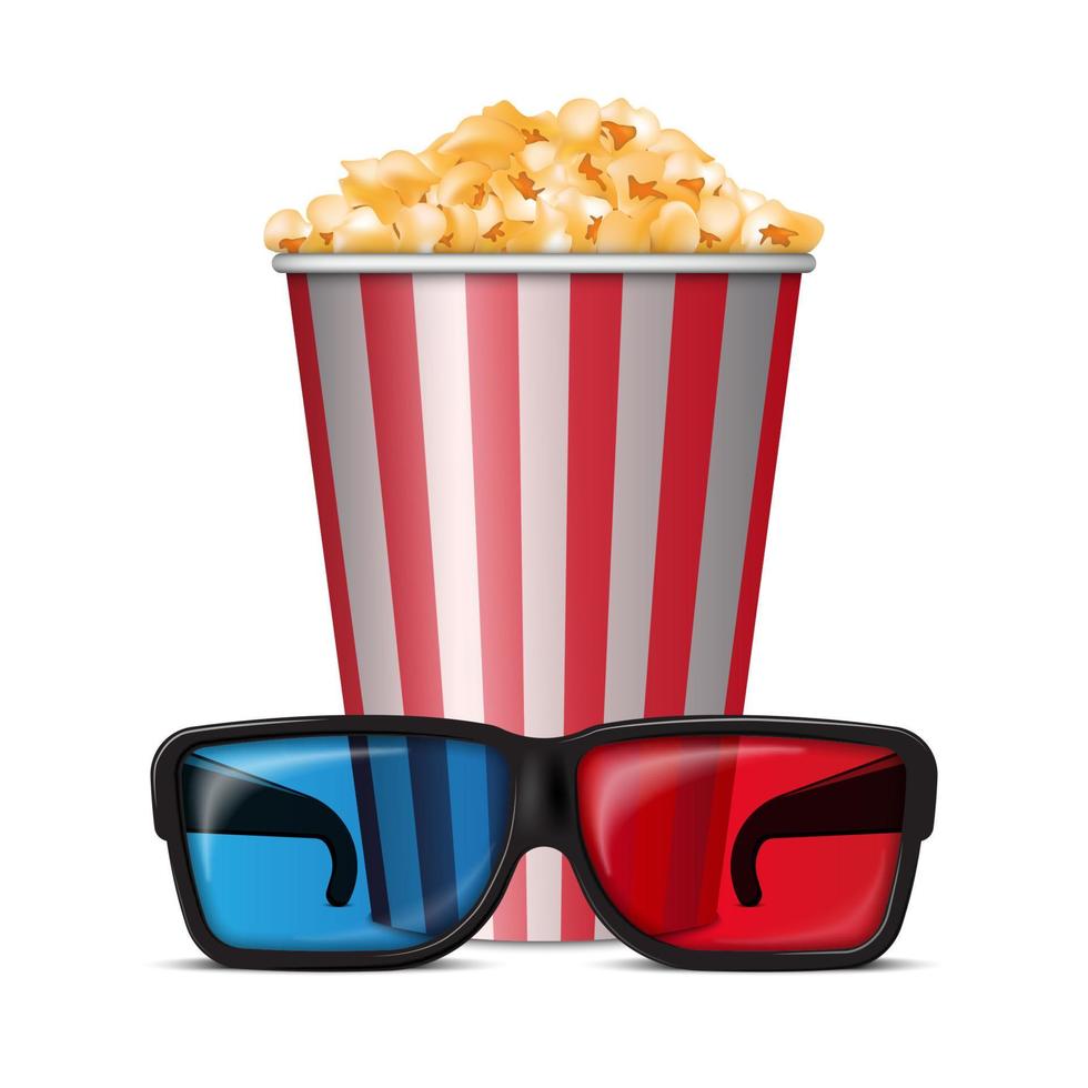 croquant pop corn casse-croûte dans rayé seau avec 3d lunettes, vecteur illustration