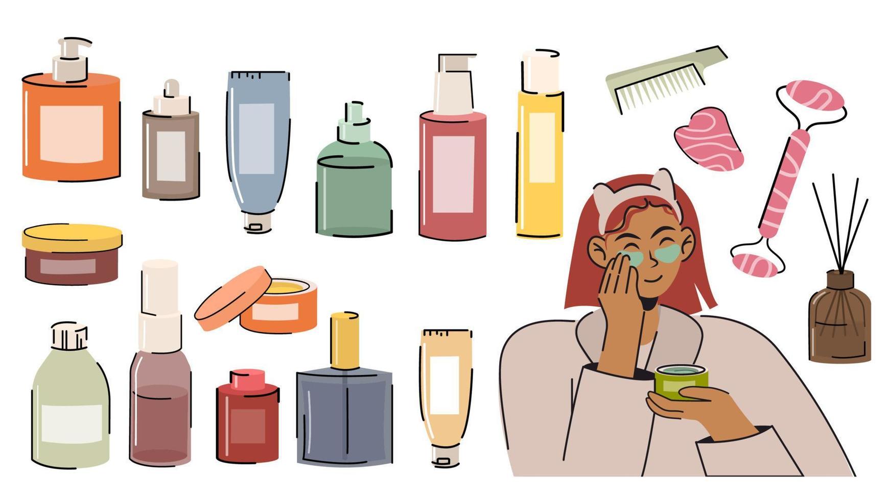 beauté routine. femme peau se soucier. ensemble de cosmétique bocaux. vecteur illustration