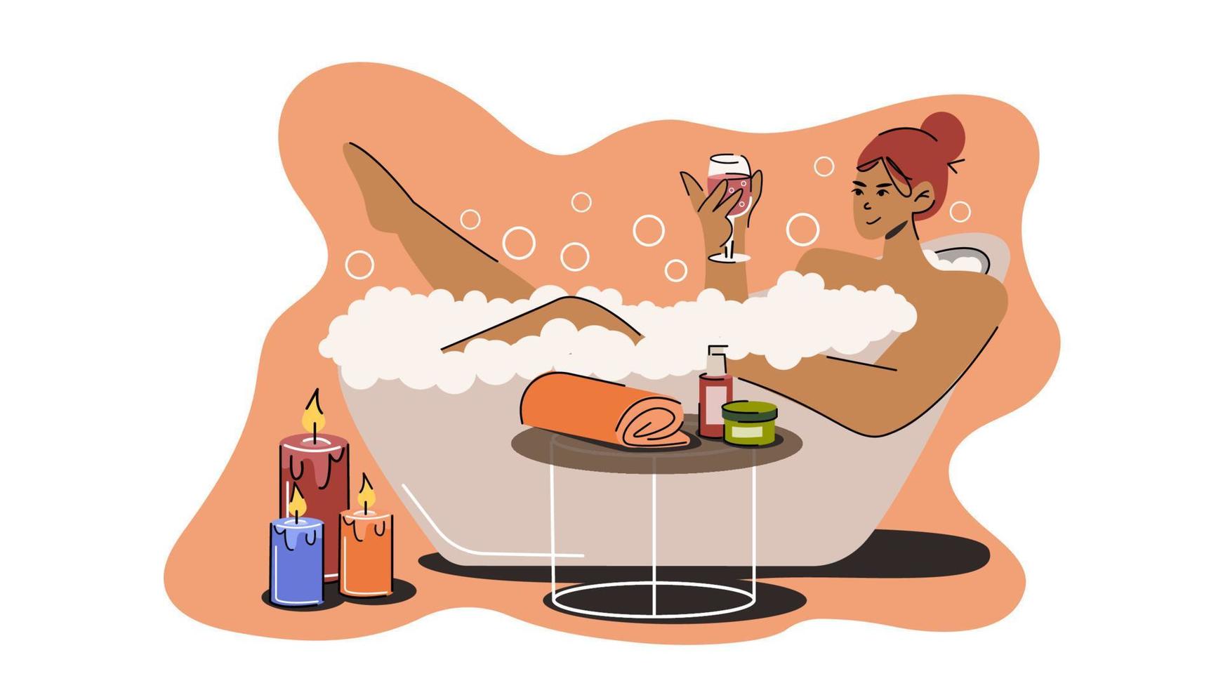 fille dans spa une baignoire soir se détendre. soi se soucier. mental santé. vecteur plat illustration