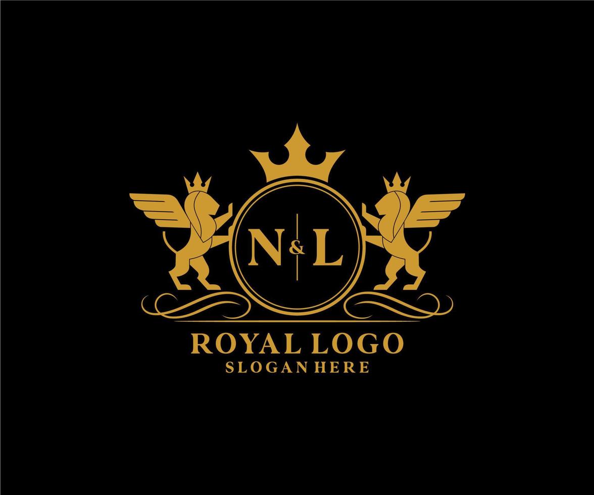 initiale nl lettre Lion Royal luxe héraldique, crête logo modèle dans vecteur art pour restaurant, royalties, boutique, café, hôtel, héraldique, bijoux, mode et autre vecteur illustration.