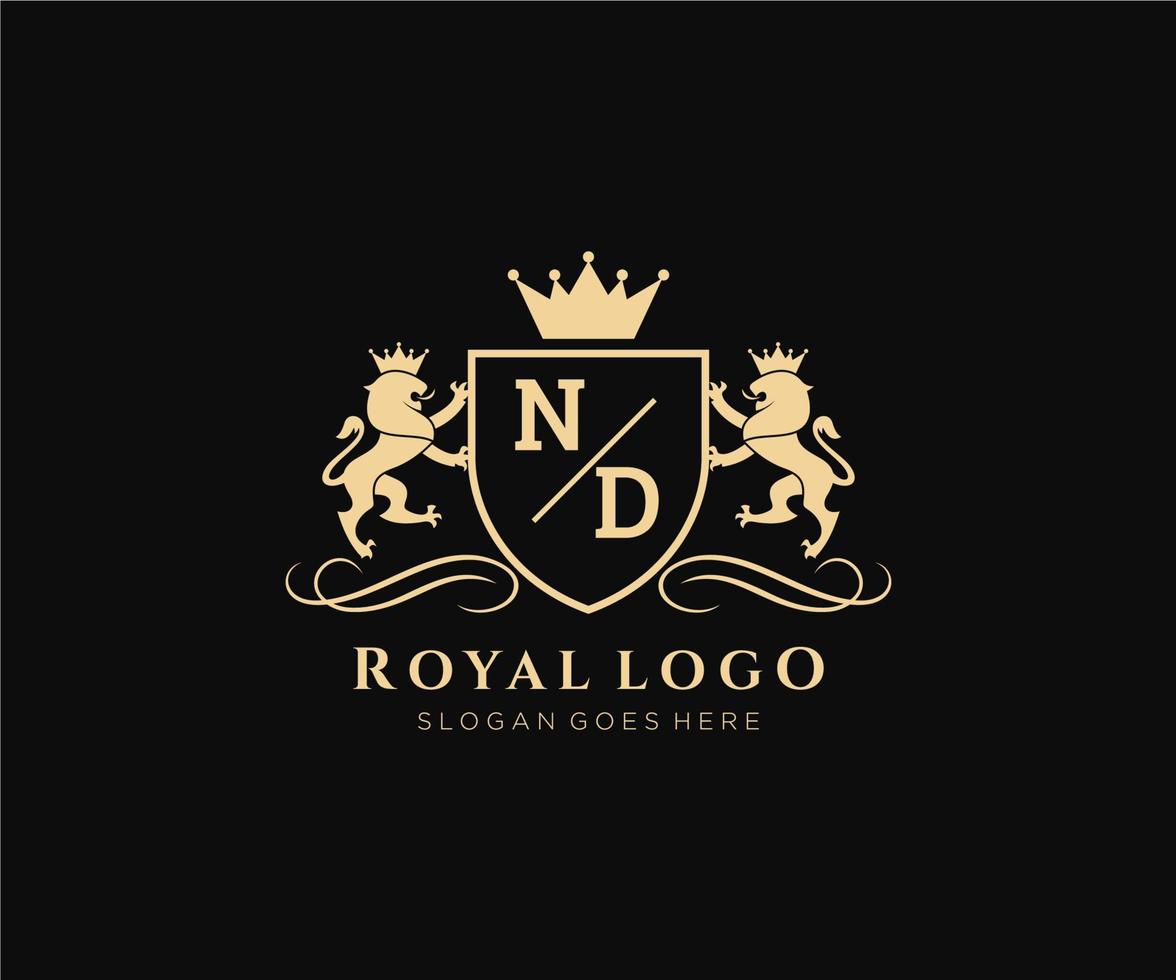 initiale nd lettre Lion Royal luxe héraldique, crête logo modèle dans vecteur art pour restaurant, royalties, boutique, café, hôtel, héraldique, bijoux, mode et autre vecteur illustration.