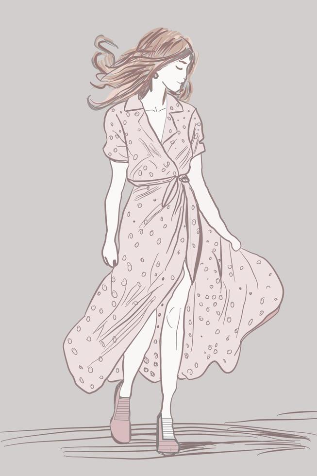 mignonne femme dans robe illustration vecteur ligne art
