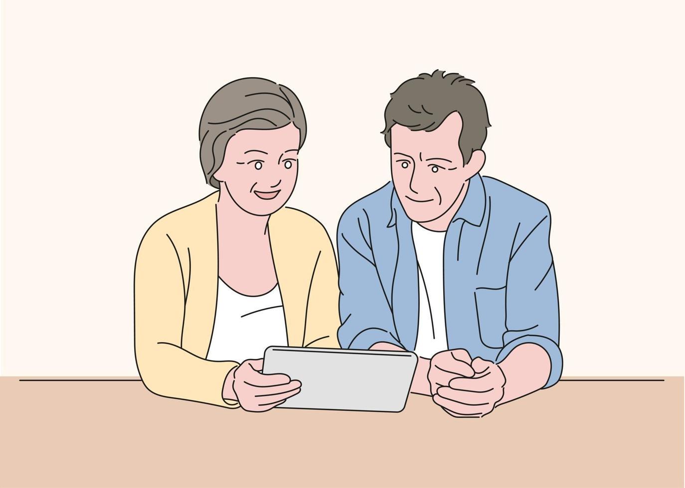 un couple plus âgé regarde une tablette ensemble. illustrations de conception de vecteur de style dessiné à la main.