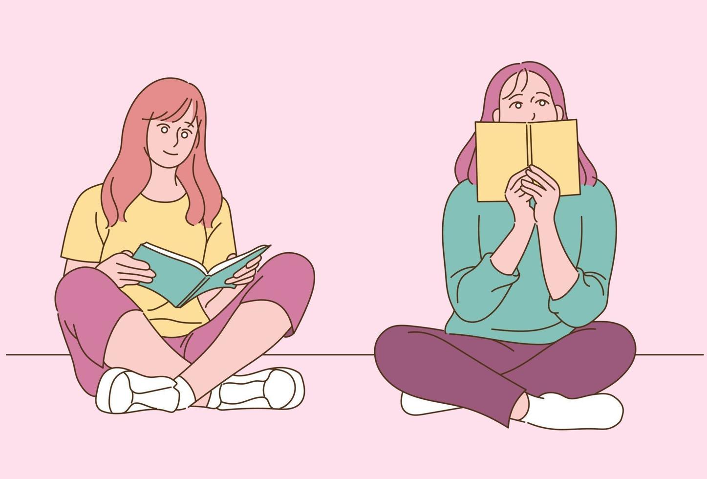 deux femmes sont assises par terre et lisent un livre. illustrations de conception de vecteur de style dessiné à la main.