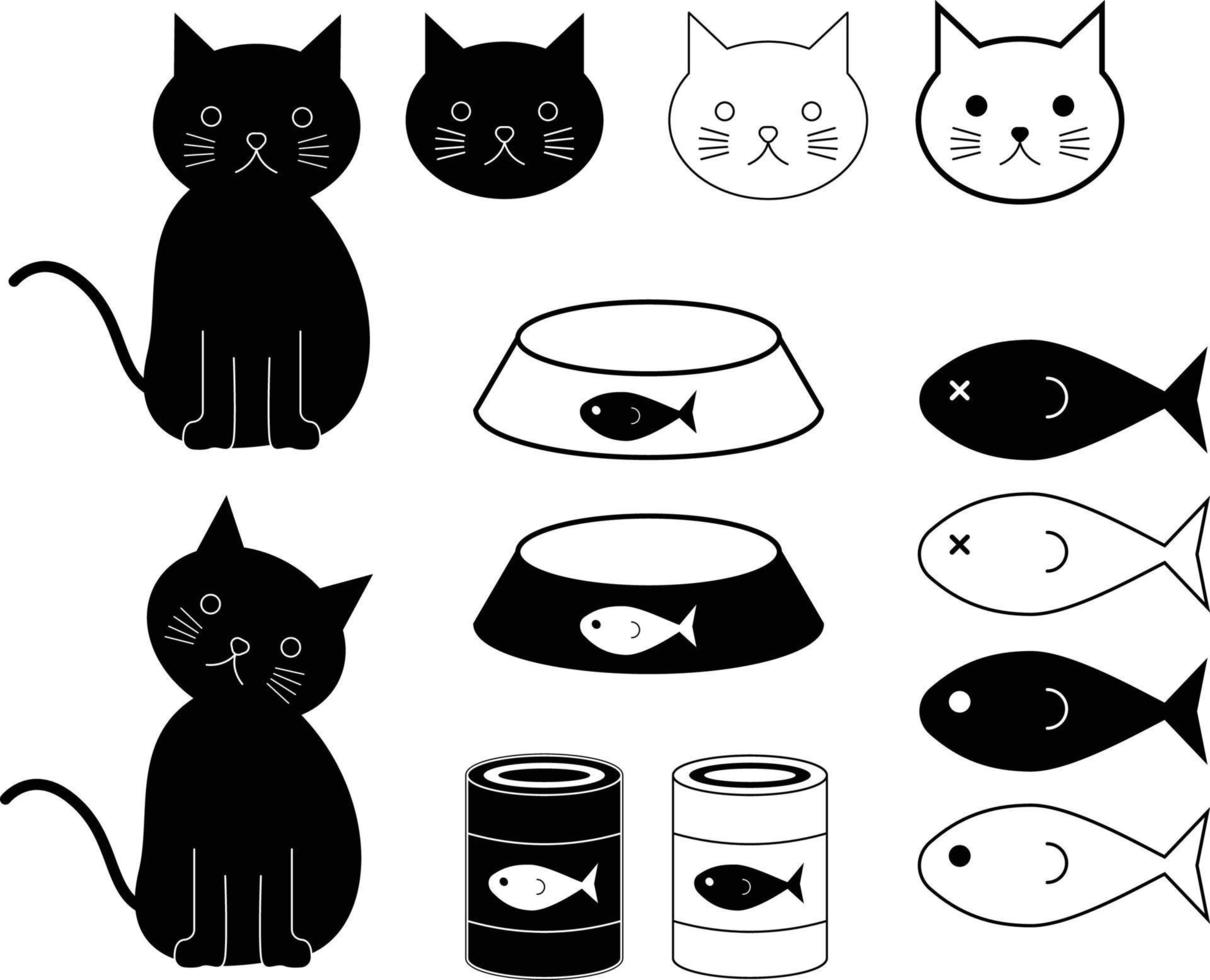 chats et chats accessoires nourriture et l'eau bol poisson canettes silhouettes vecteur illustration