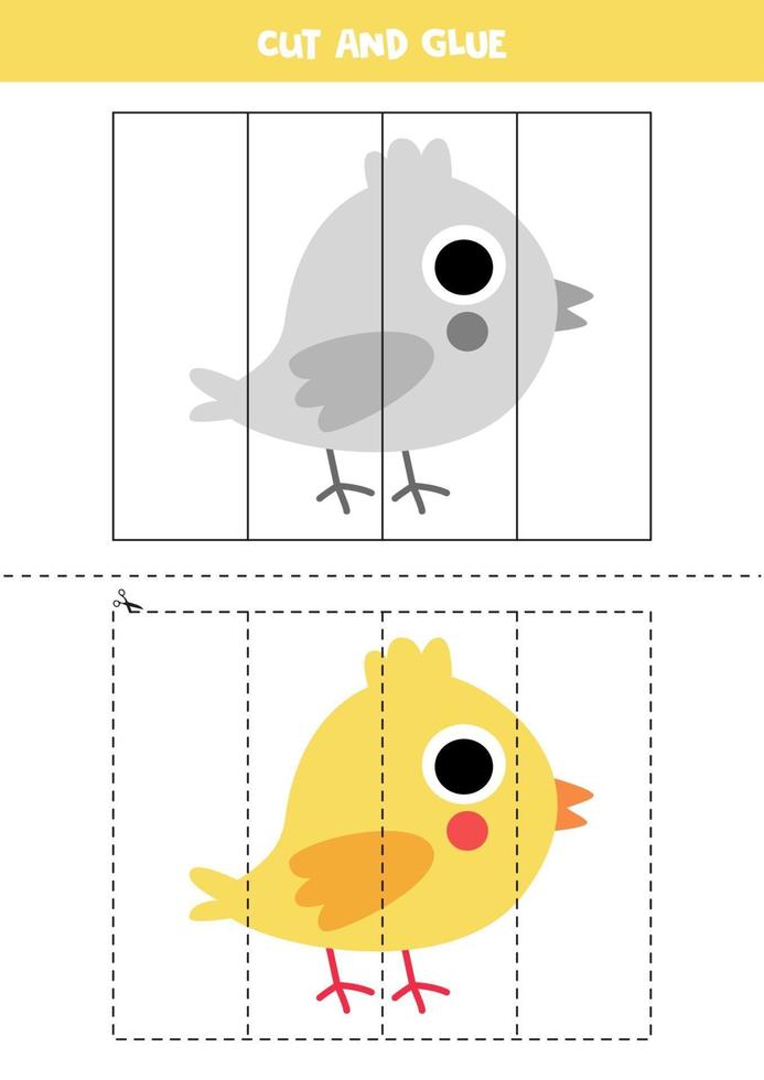 jeu de coupe et de colle pour les enfants. poulet de dessin animé mignon. vecteur