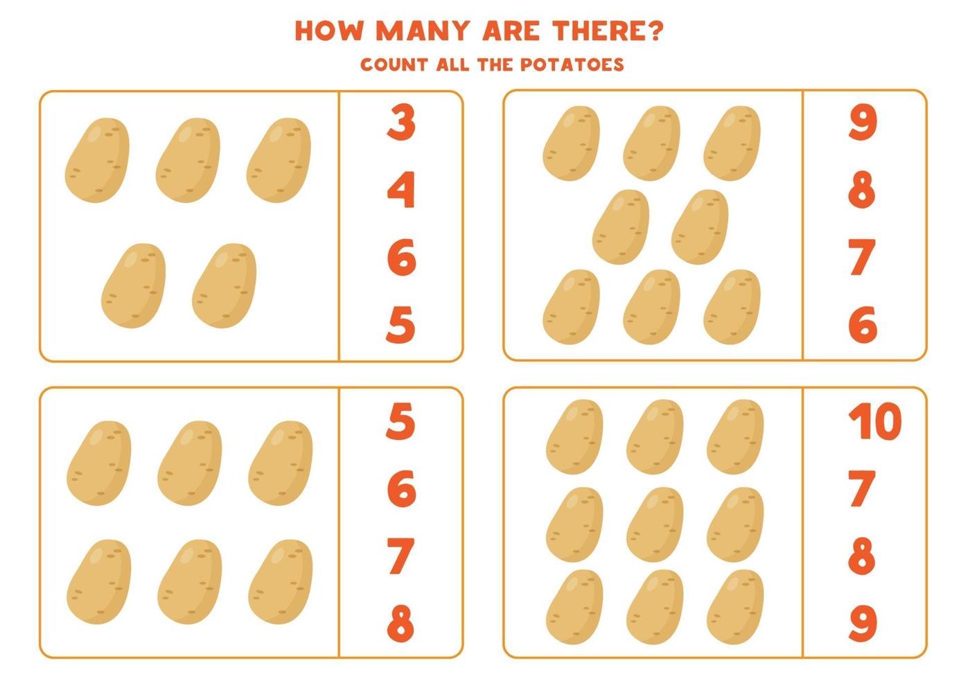 jeu de comptage avec pommes de terre de dessin animé. feuille de calcul mathématique. vecteur