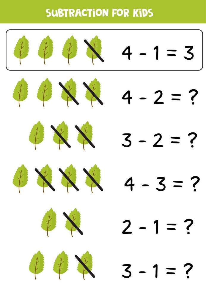 soustraction avec feuille verte. mathématiques de base pour les enfants. vecteur