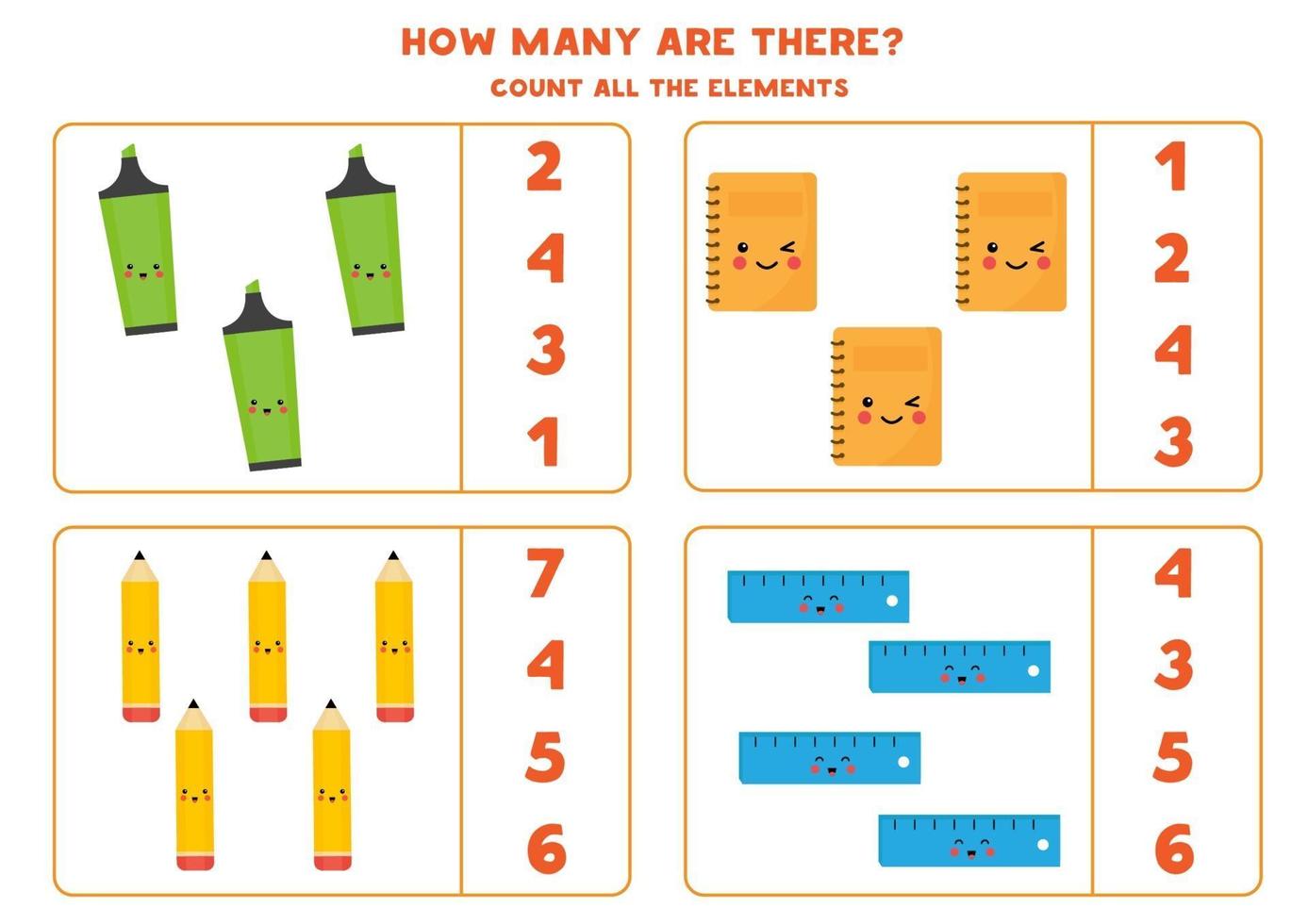 comptez la quantité de crayons kawaii, cahiers, surligneurs, règles. vecteur