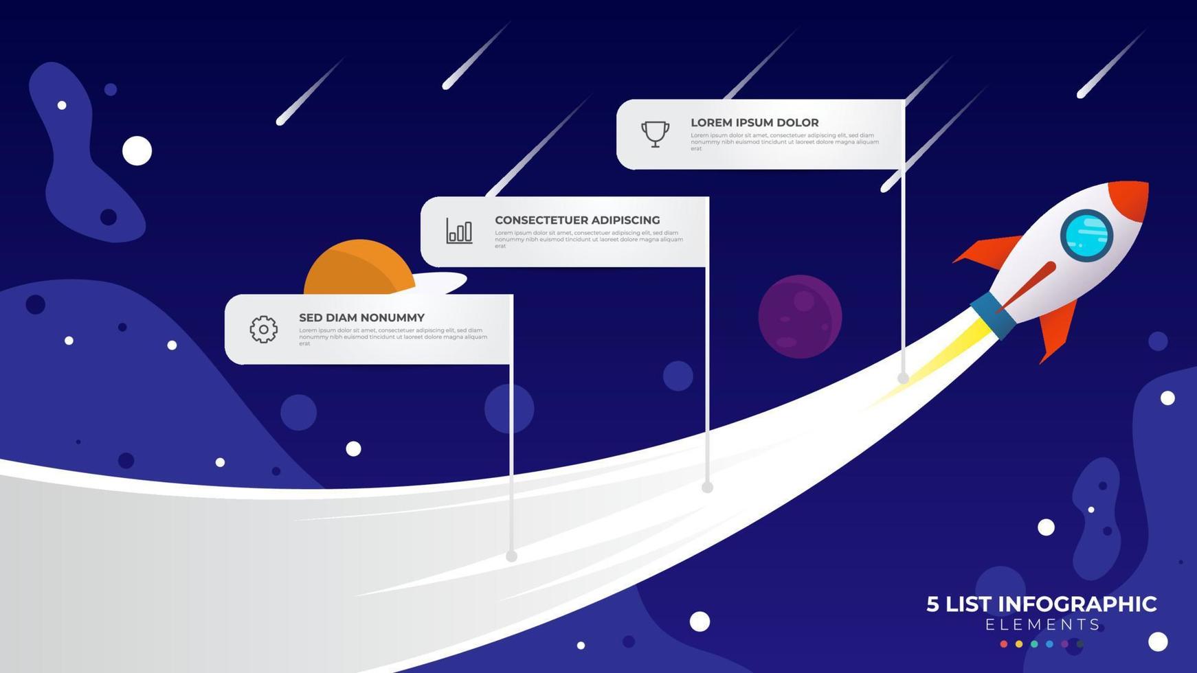 3 liste de pas diagramme avec escalier niveau séquence, infographie élément modèle avec fusée dans le espace illustration vecteur