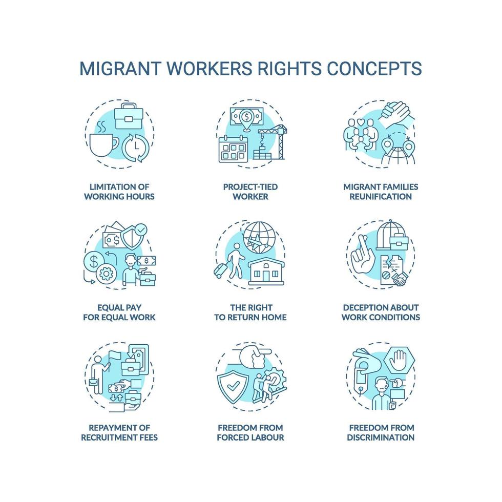ensemble d & # 39; icônes de concept bleu droit de travailleur migrant vecteur