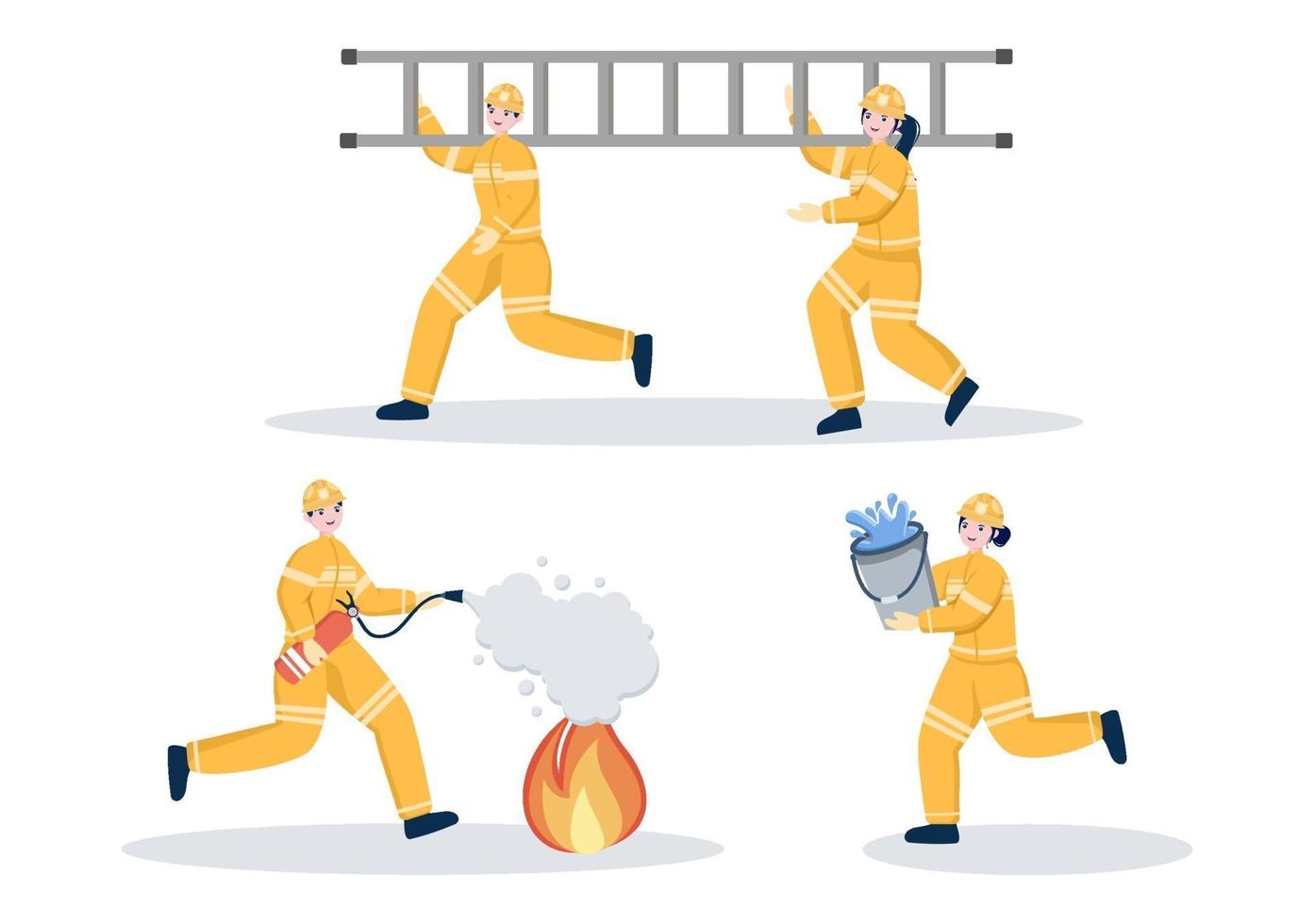 pompiers avec des camions d'incendie, aidant les personnes et les animaux, utilisant du matériel de sauvetage dans diverses situations illustration vectorielle vecteur