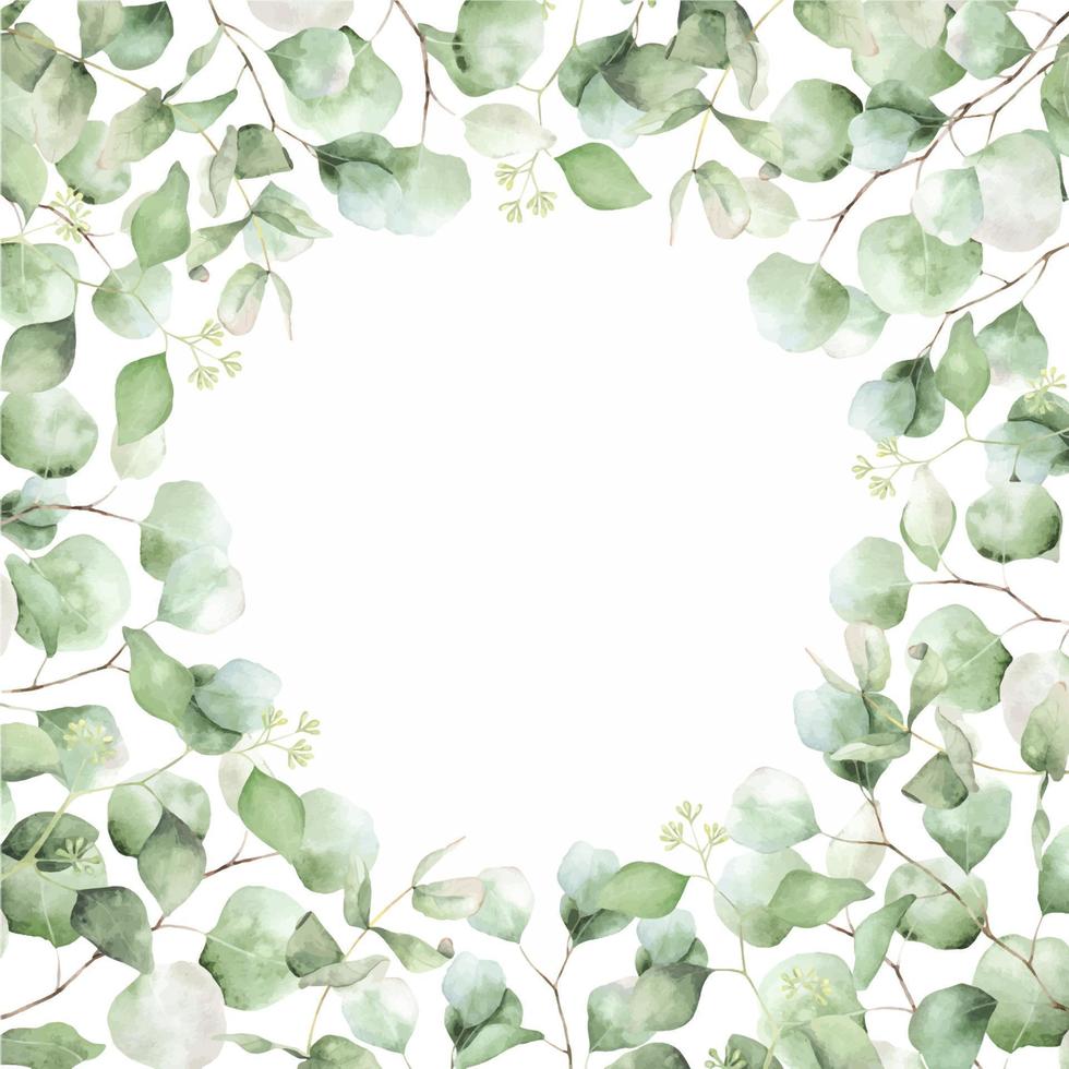 une rond Cadre fabriqué de vert branches et eucalyptus feuilles. une couronne de eucalyptus. dessiné à la main illustration. pour mariage faire-part, carte postale conception et papeterie. vecteur