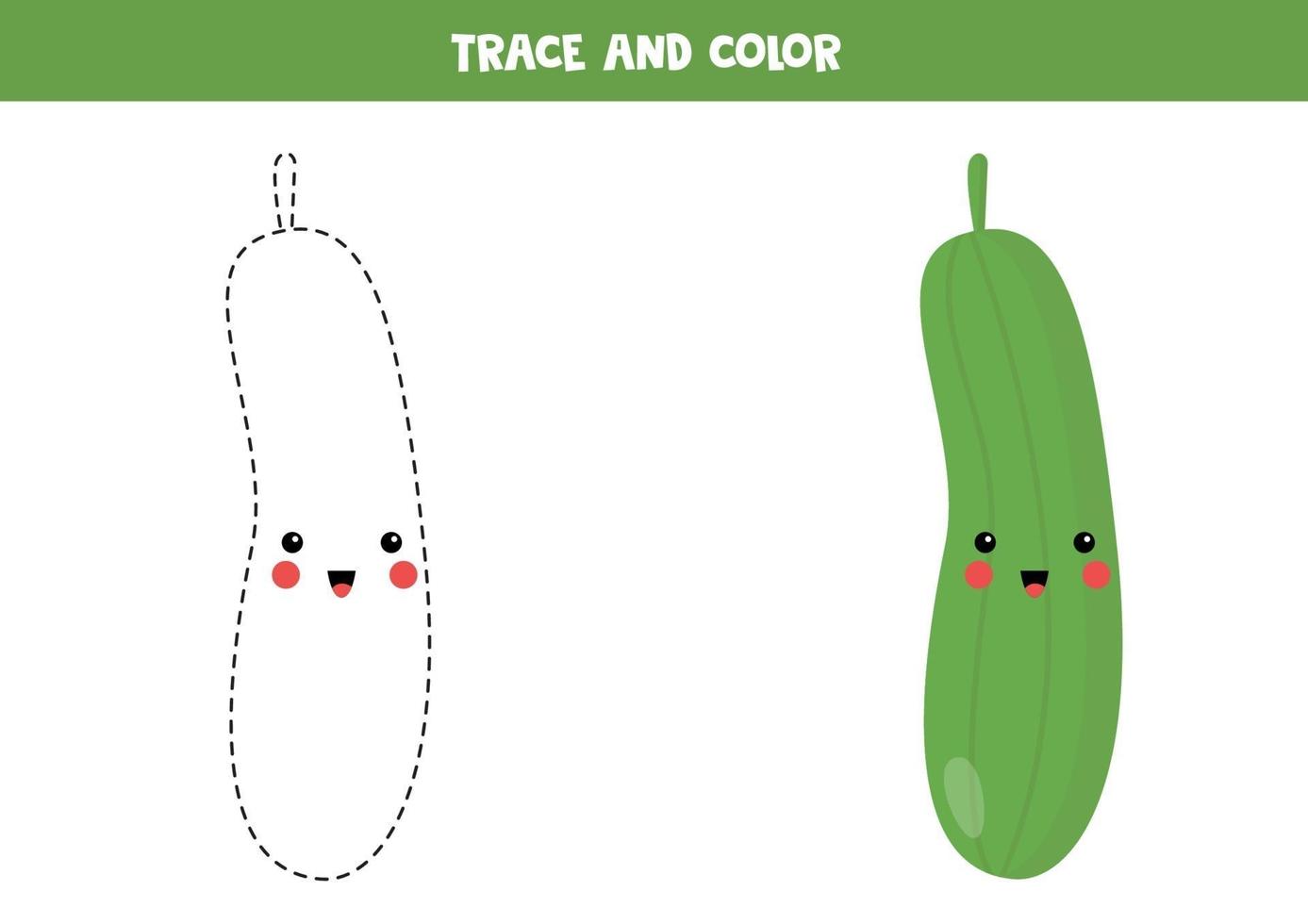 feuille de calcul de traçage pour les enfants d'âge préscolaire. concombre kawaii mignon. vecteur