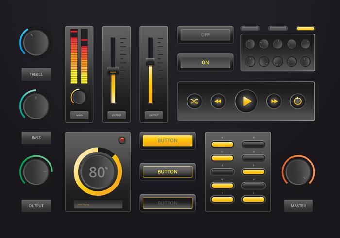 Interface de contrôle de musique audio dans un style réaliste dans le thème sombre. vecteur