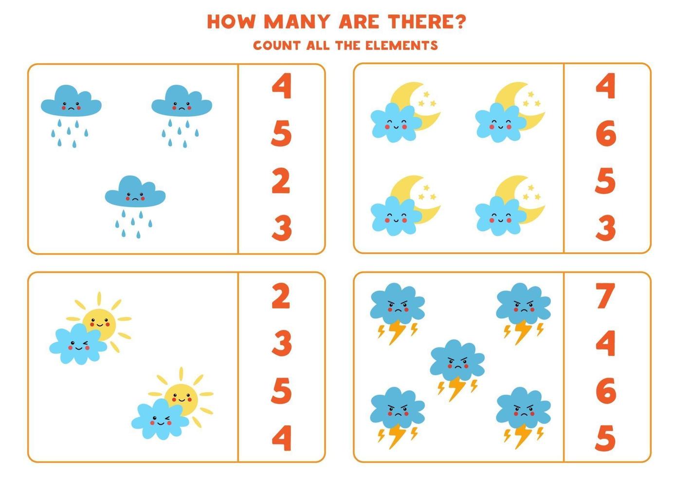 jeu de comptage avec de jolis nuages kawaii. feuille de calcul mathématique. vecteur