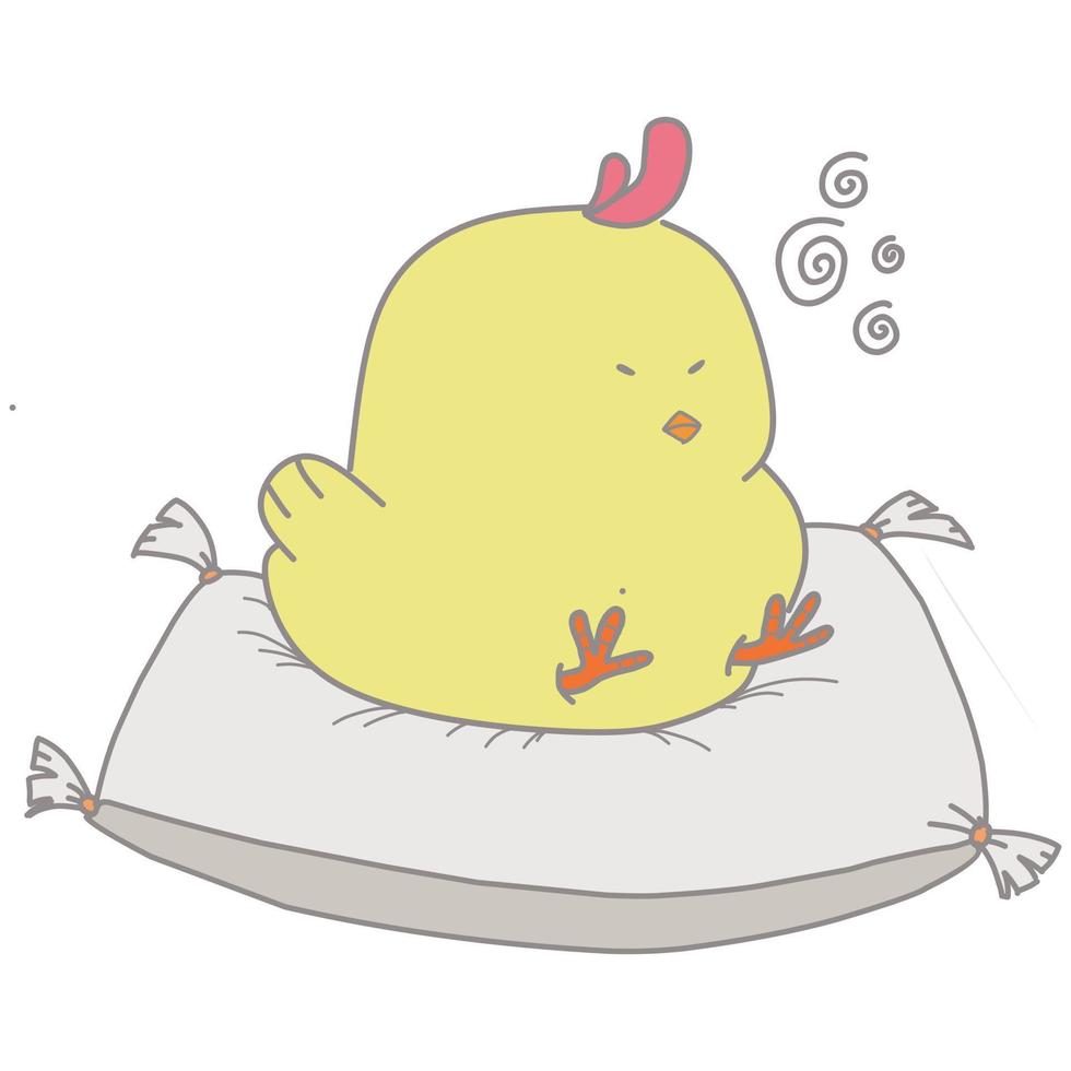 dessin animé illustration de une Jaune poussin, séance sur une oreiller vecteur