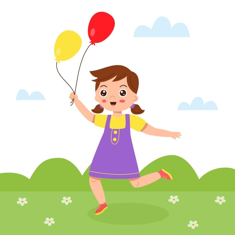 fille mignonne de bande dessinée avec des ballons colorés. l'été. vecteur