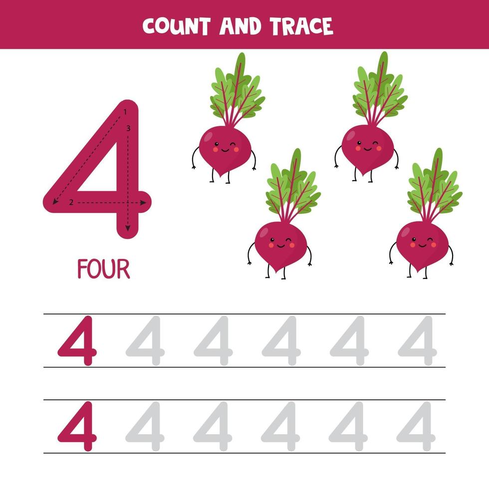 feuille de calcul des nombres de traçage. numéro quatre avec de jolies betteraves kawaii. vecteur