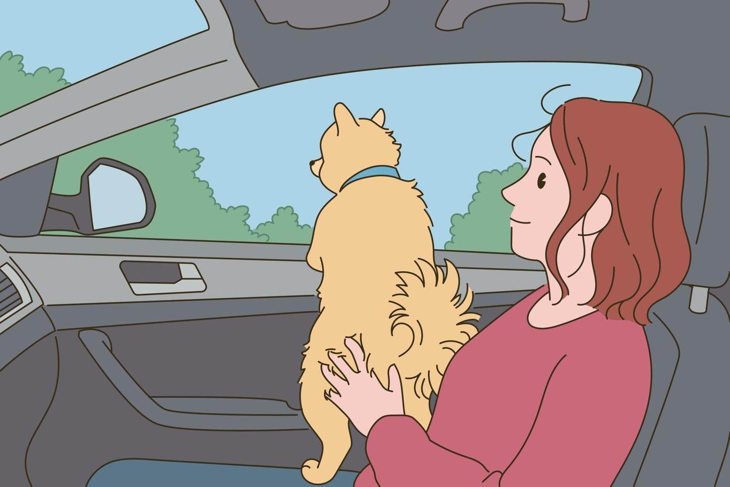 chien et fille en voiture vecteur