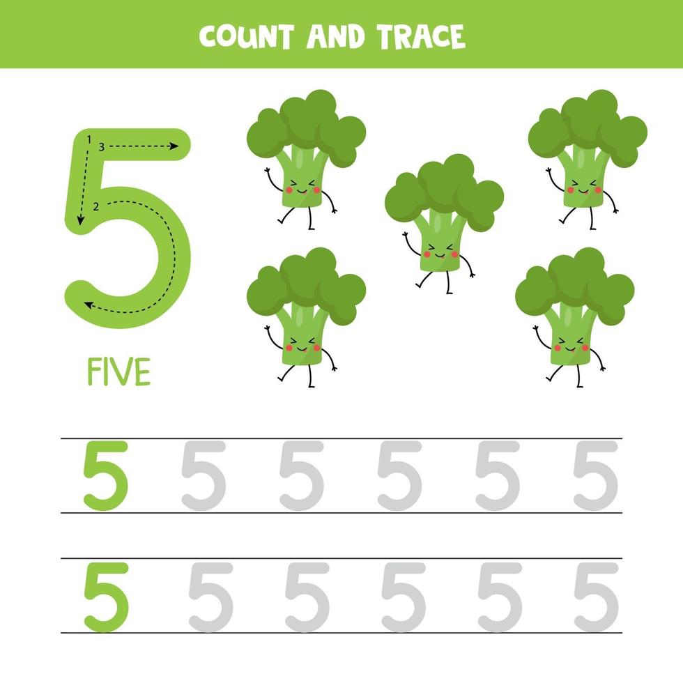 feuille de calcul des nombres de traçage. numéro cinq avec du brocoli kawaii mignon. vecteur