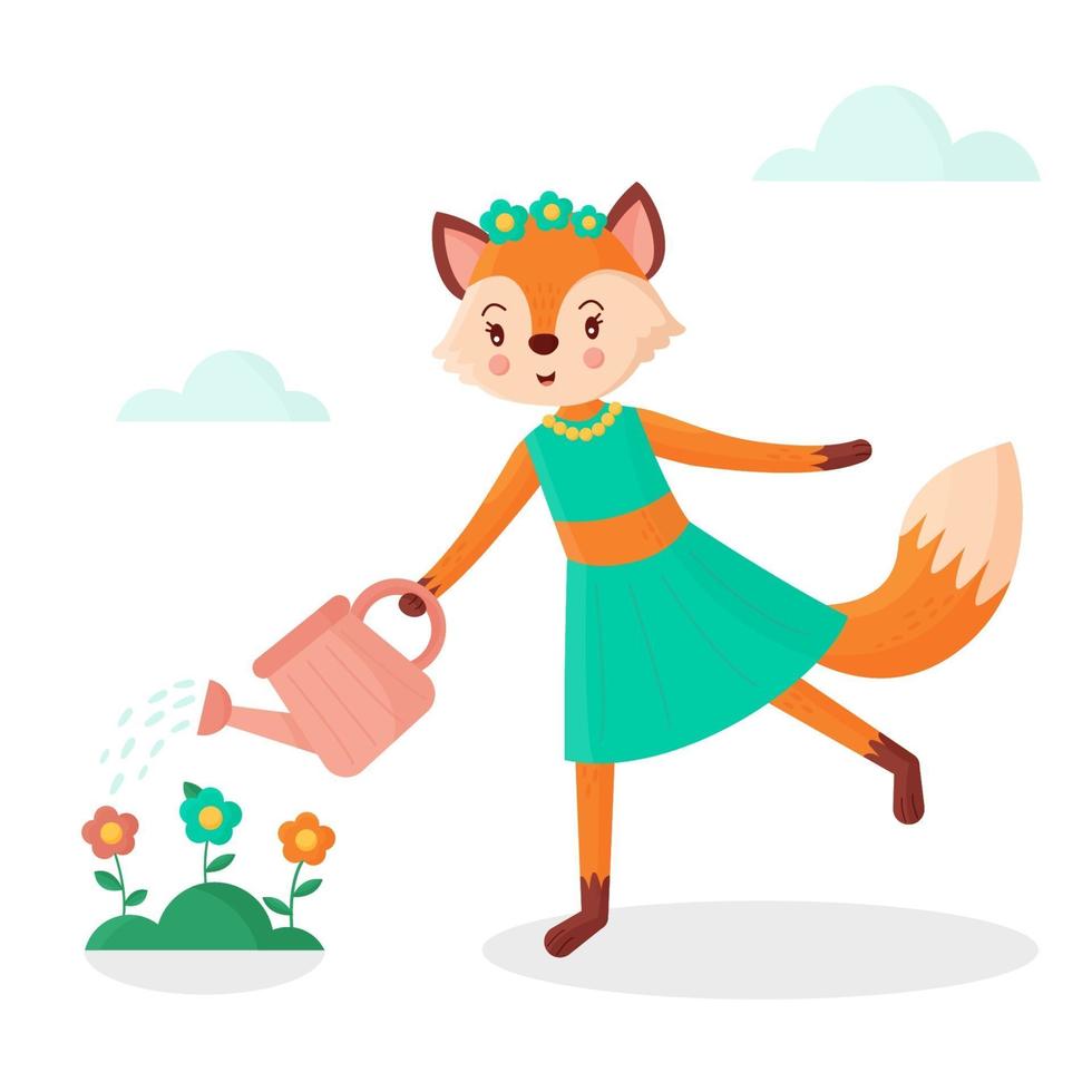 dessin animé mignon renard arrosage des fleurs. illustration vectorielle. vecteur