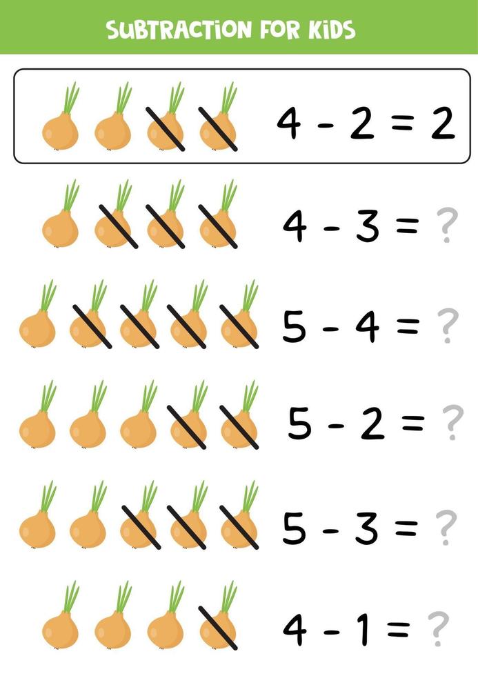 soustraction pour les enfants. oignons de dessin animé. jeu de maths. vecteur