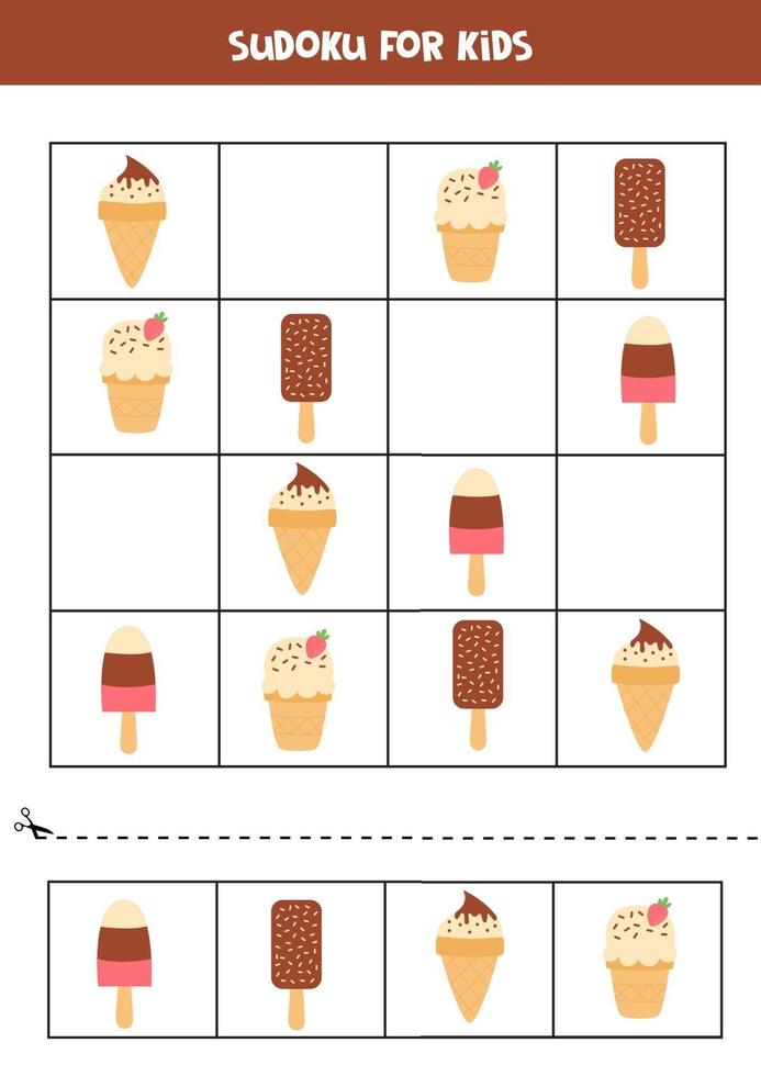 sudoku pour les enfants avec de jolies glaces de dessin animé. vecteur