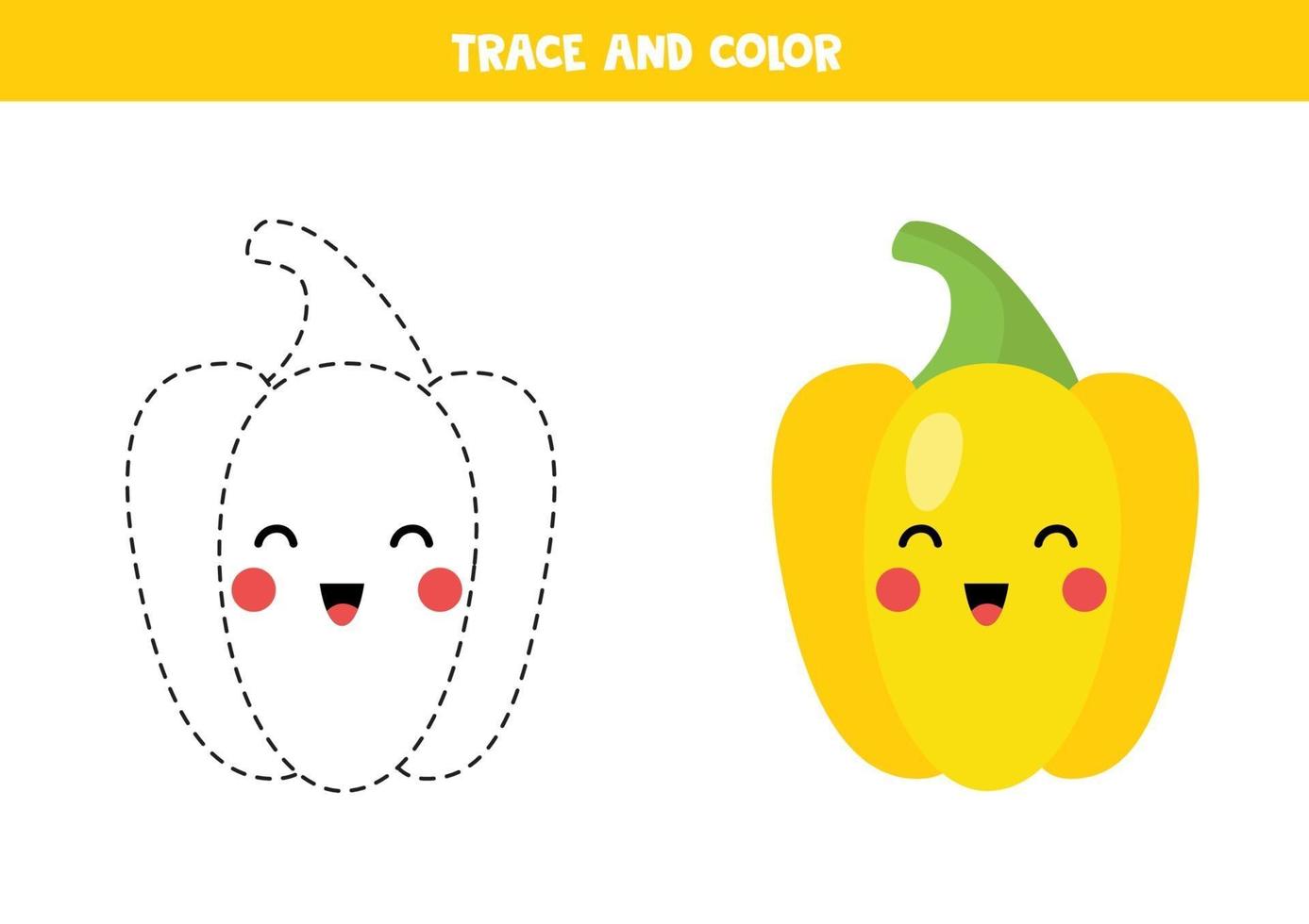 tracez et coloriez le poivron jaune kawaii mignon. pratique de l'écriture manuscrite. vecteur